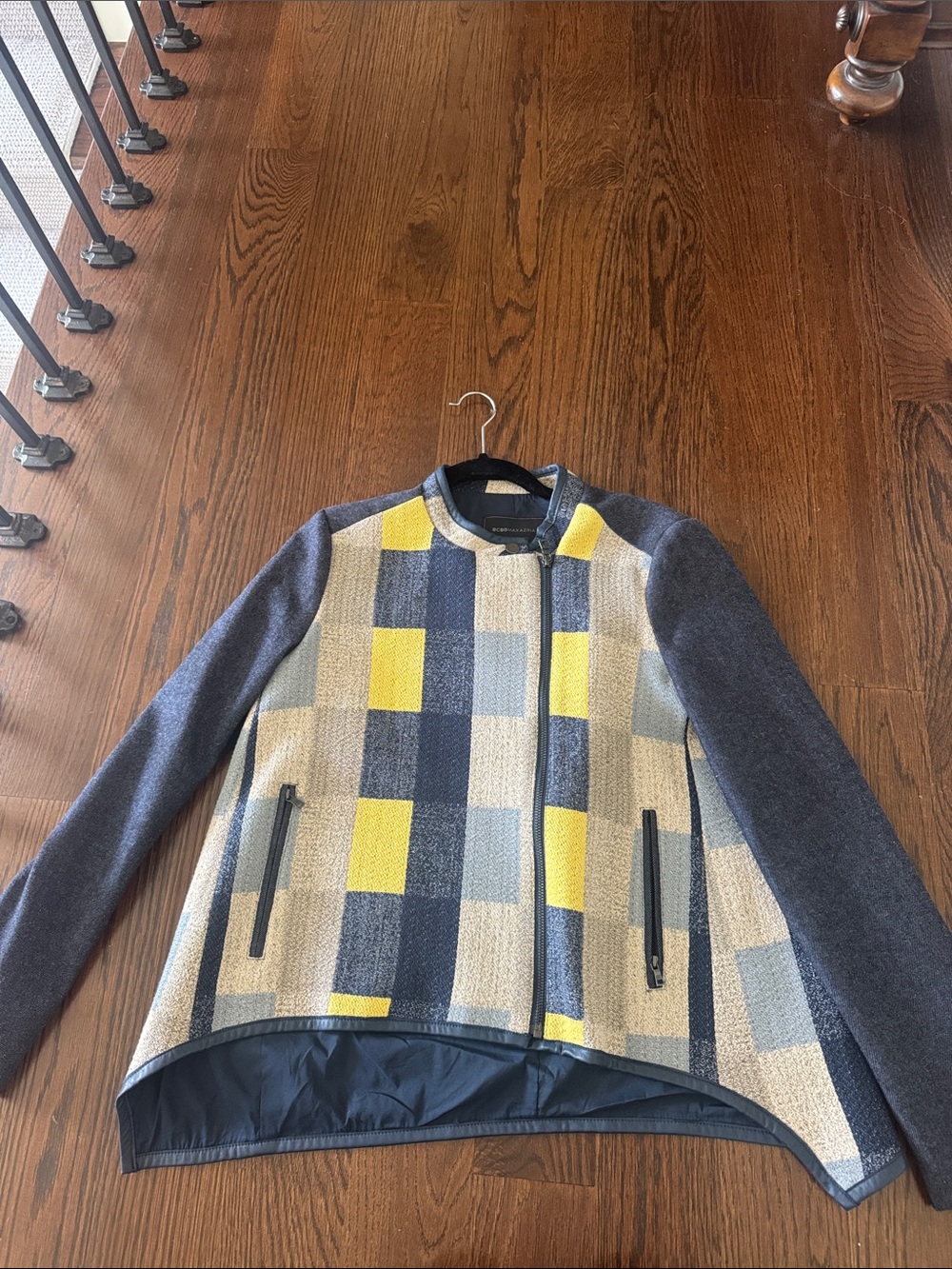 BCBGMaxAzria  Checked Zip-Up Sweater Jacket in Yellow, Navy & Light Gray